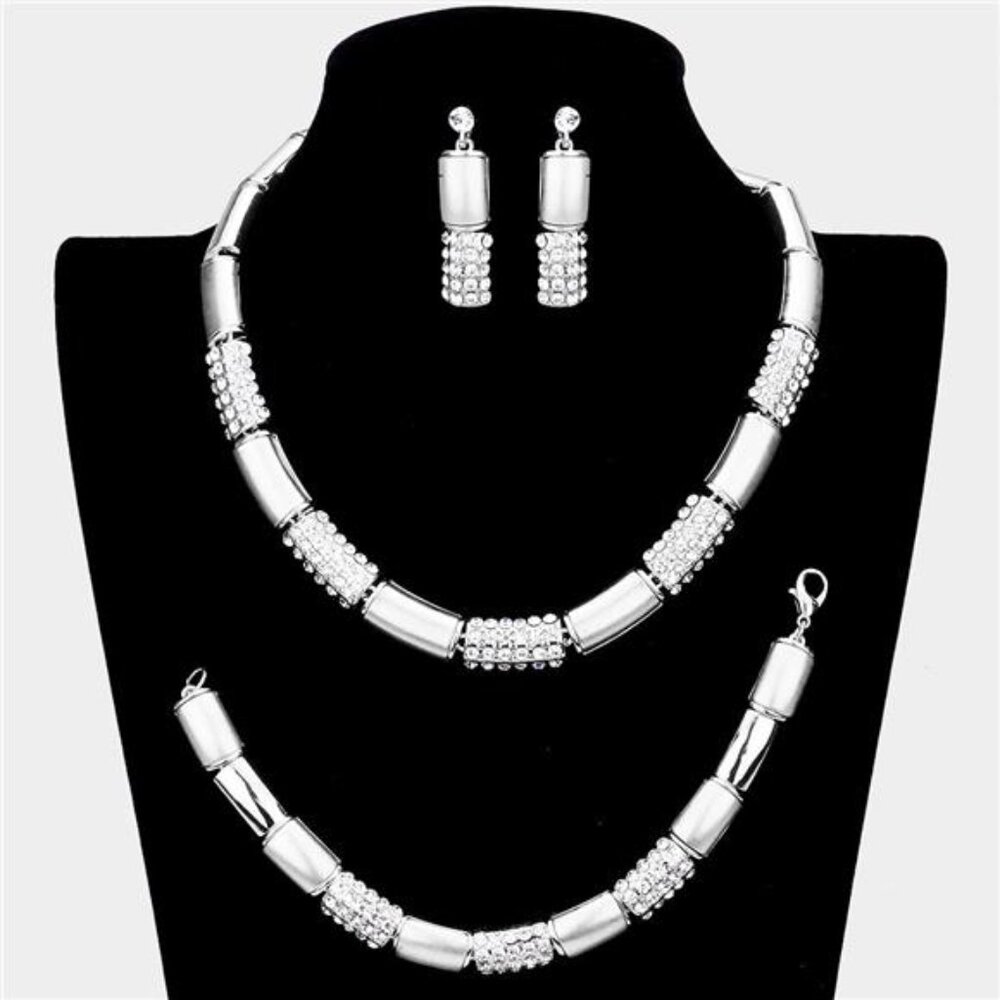 3 Piece Rhinestone Embellished Metal Rectangle Link Necklace Jewelry Set